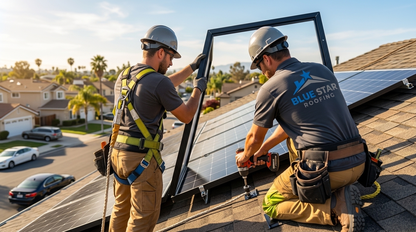Roofing crew members installing solar panels on a residential roof as part of a solar roofing Anaheim project on a sunny California day.