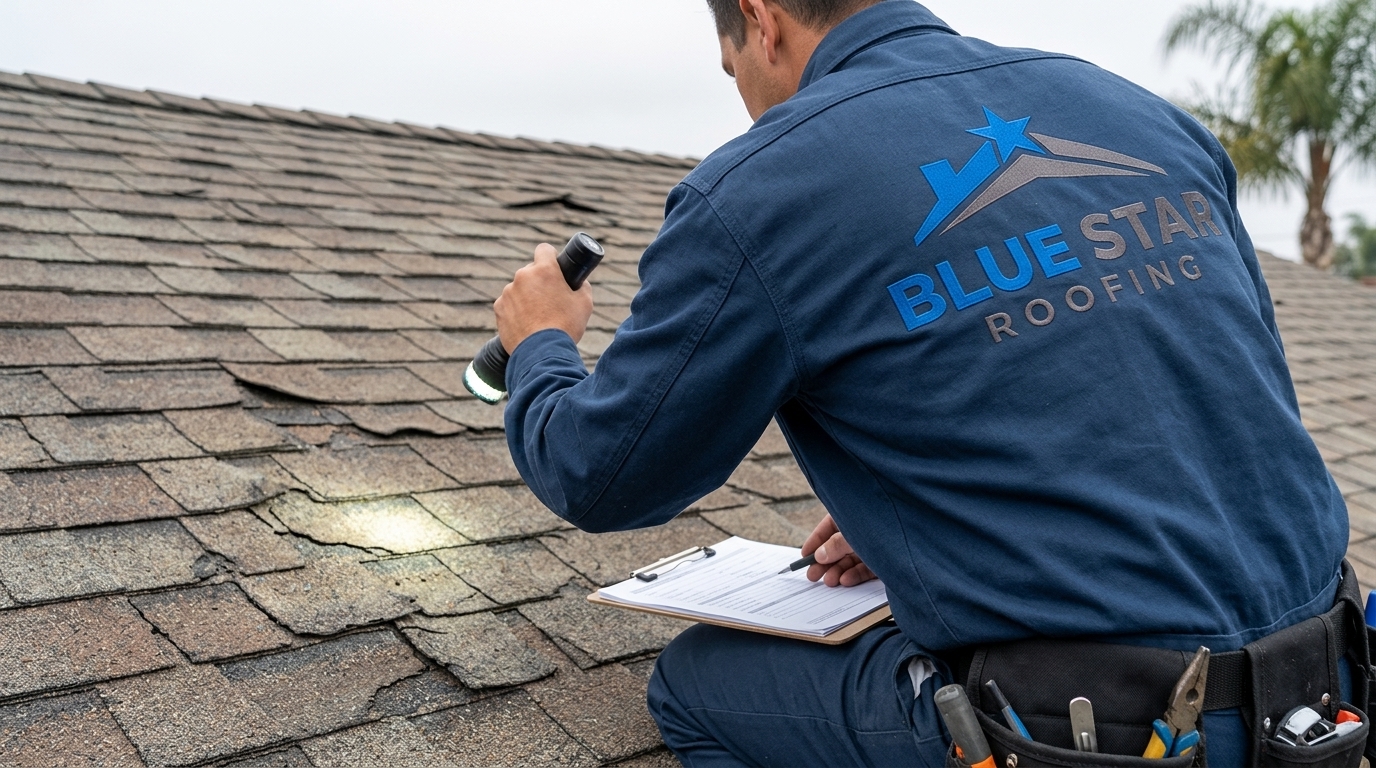 A roofing contractor inspecting shingle damage to assess roof replacement cost Anaheim residents may face