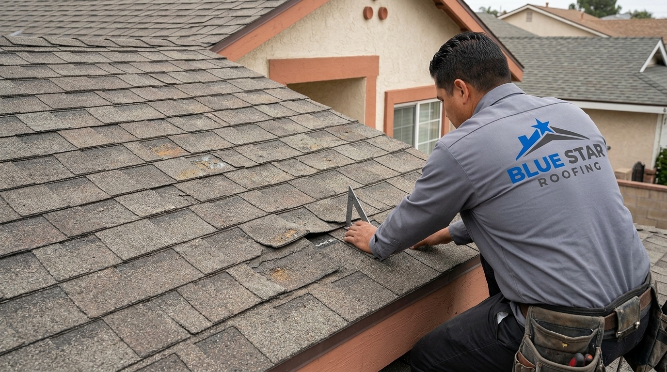 Close-up of a residential roof showing warning signs that indicate the need for roof maintenance Anaheim homeowners should not ignore.