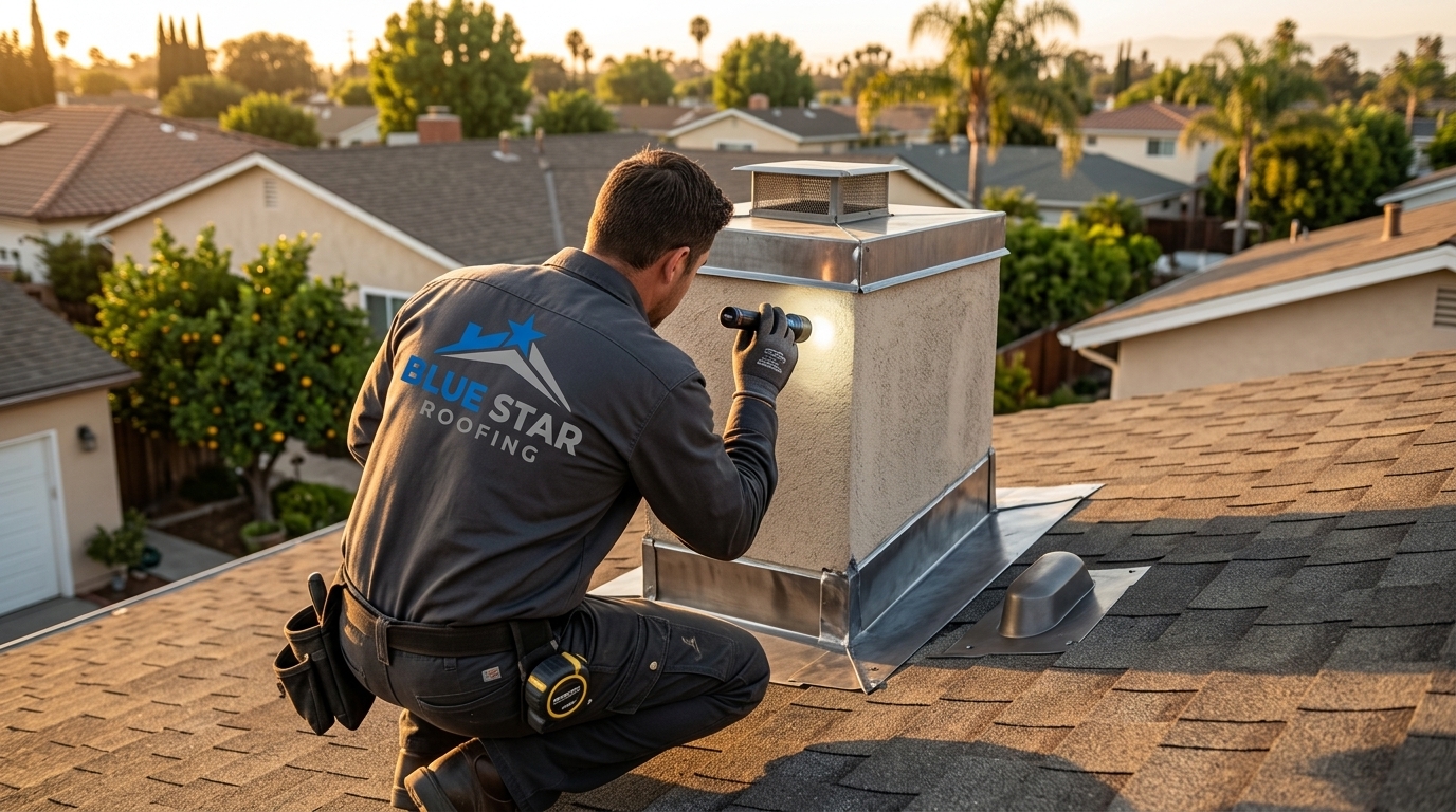 A roofing professional inspecting flashing and penetrations during a roof maintenance Anaheim inspection visit.