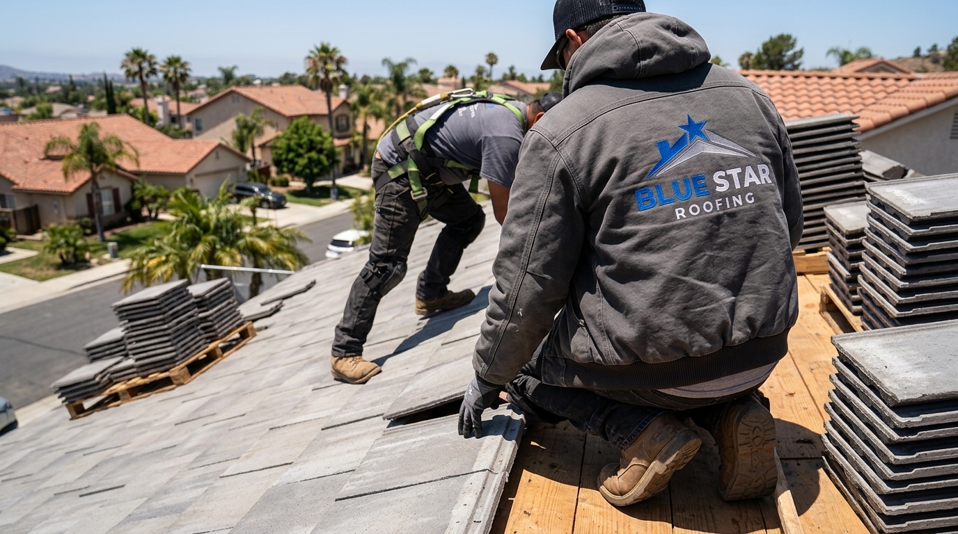 Professional roofers installing tile roofing Anaheim style on a residential home under bright California sunlight