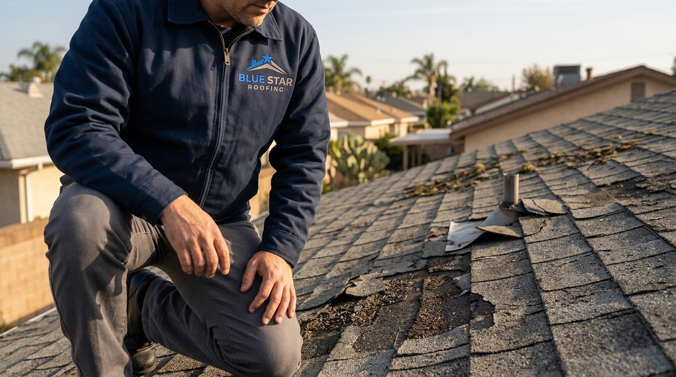 Damaged shingles and lifted flashing on a roof that needs a professional roof inspection Anaheim service.