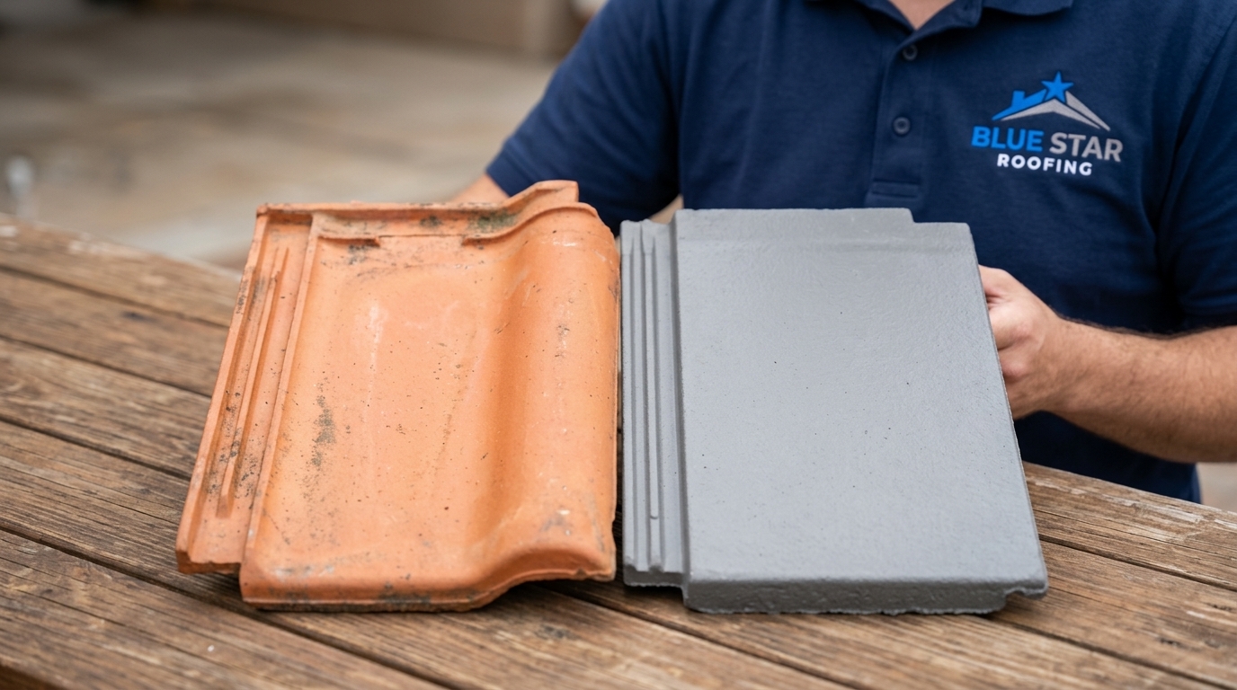 Close-up comparison of clay and concrete tiles used in tile roofing Anaheim installations