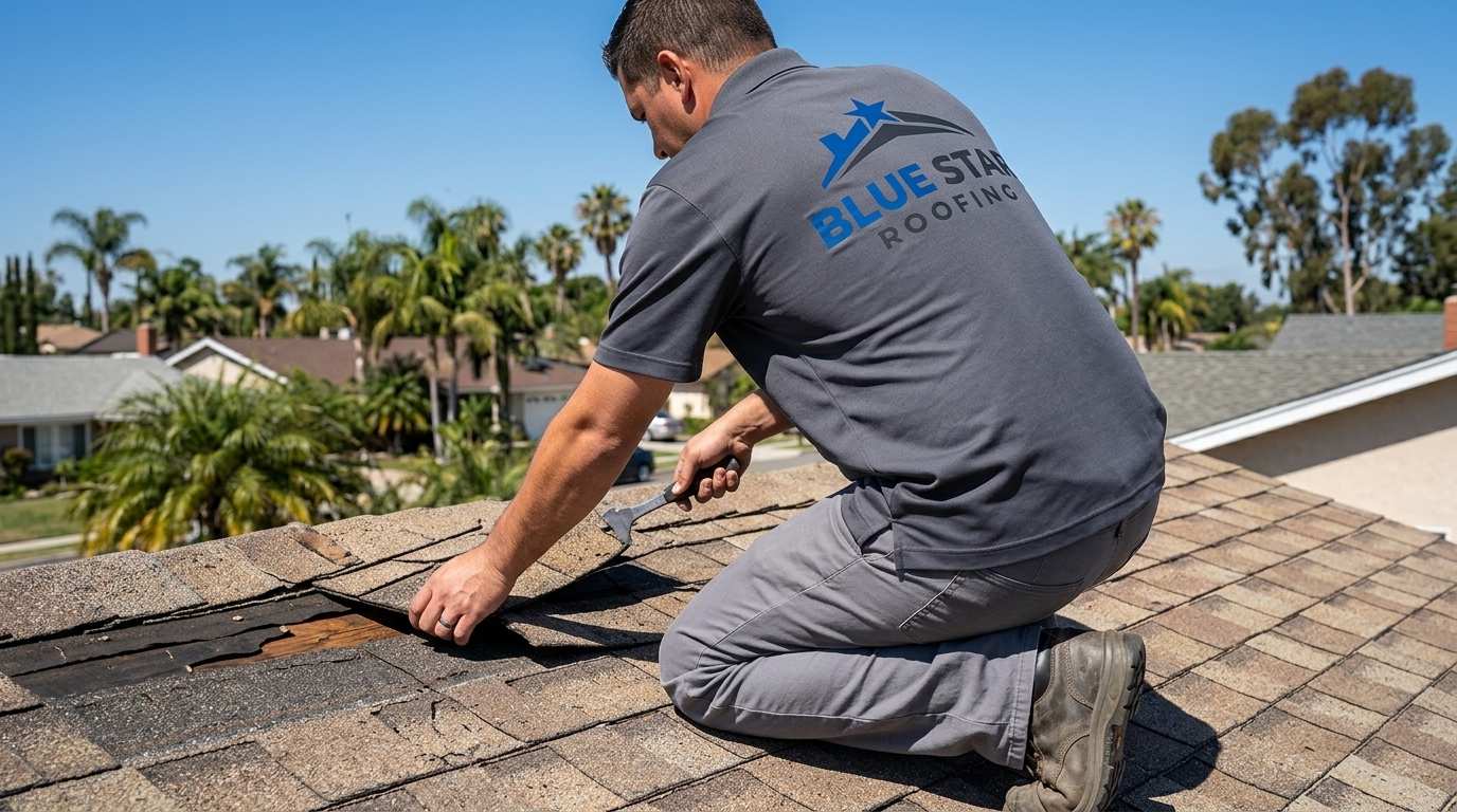 A roofing contractor inspecting the underlayment during a roof leak Anaheim repair assessment on a sunny day