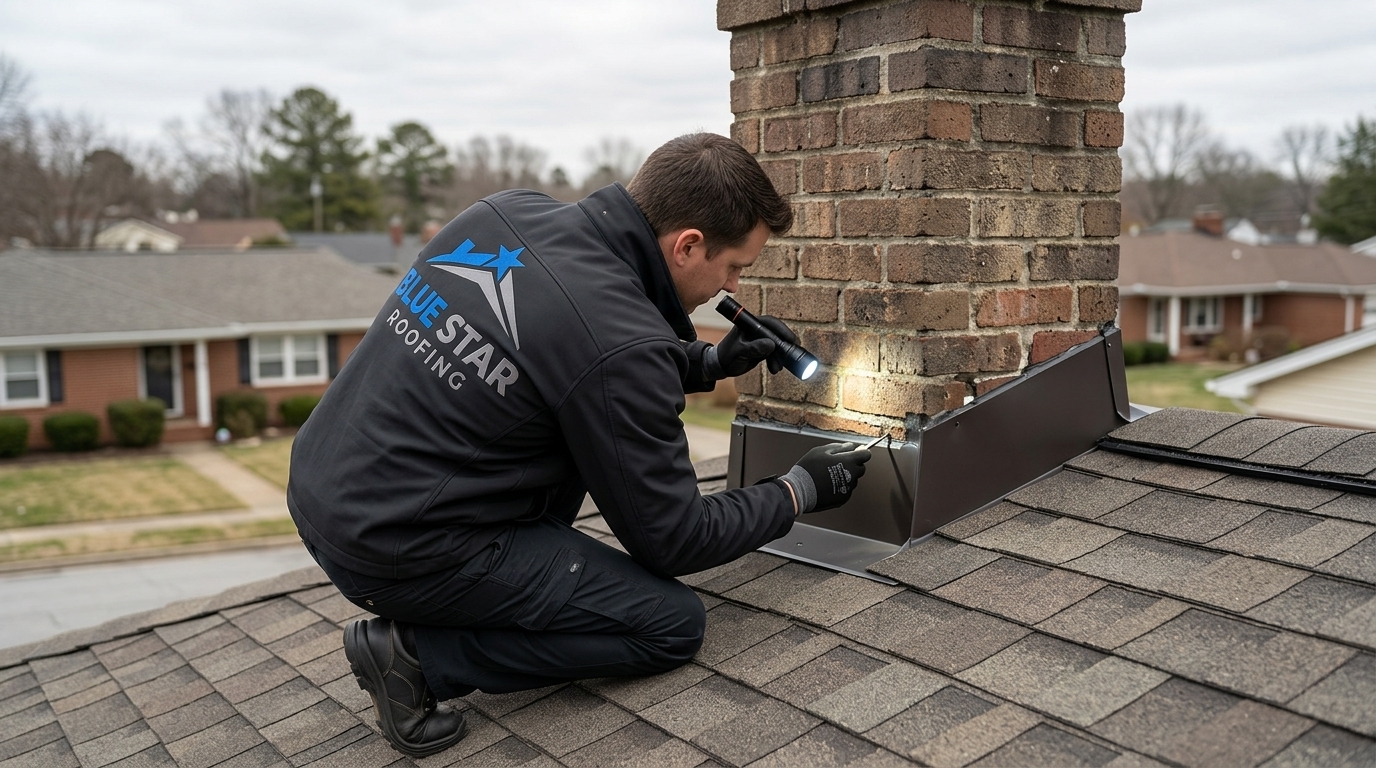 A contractor inspecting chimney flashing during a roof inspection Anaheim property owners schedule for leak prevention.