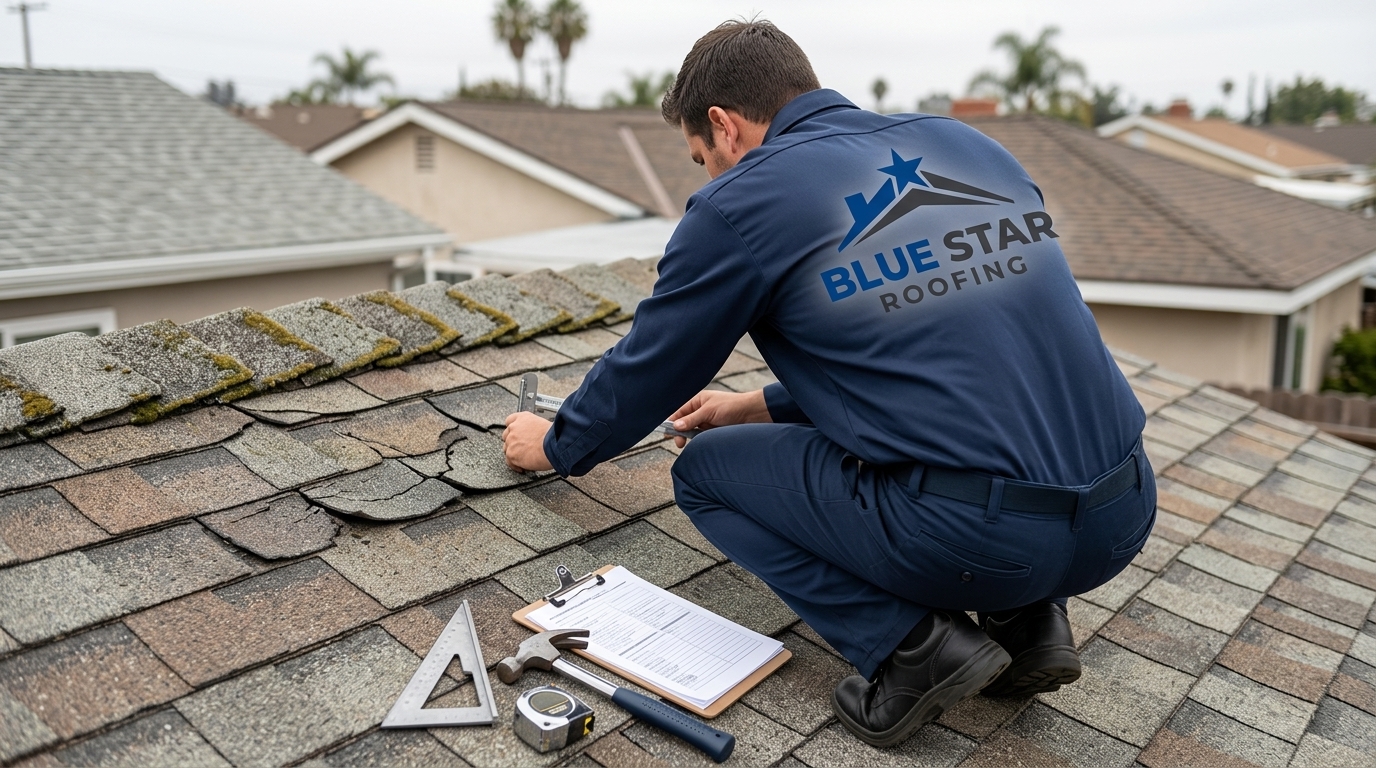 A licensed roofing contractor inspecting shingle damage on a suburban home, the kind of thorough assessment homeowners need when looking for roofers near me Anaheim.
