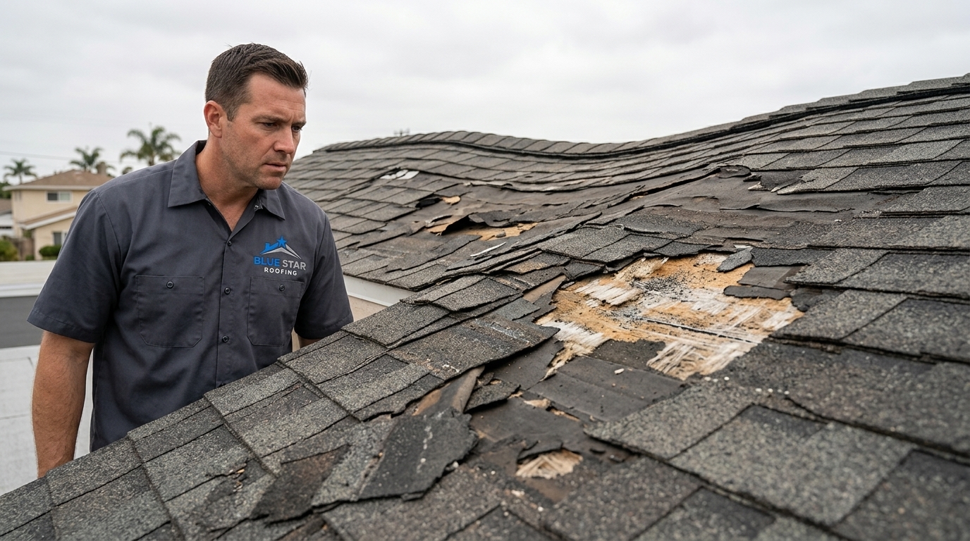 Visible roof damage including missing shingles and sagging sections that signal the need for roof repair Anaheim homeowners should not ignore.