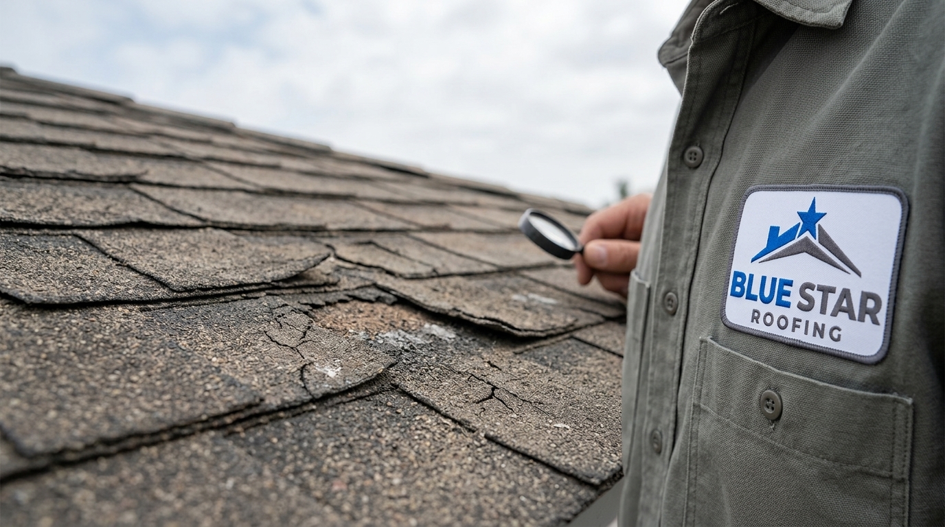 Damaged roof shingles showing the kind of wear that a free roof inspection Anaheim service is designed to detect
