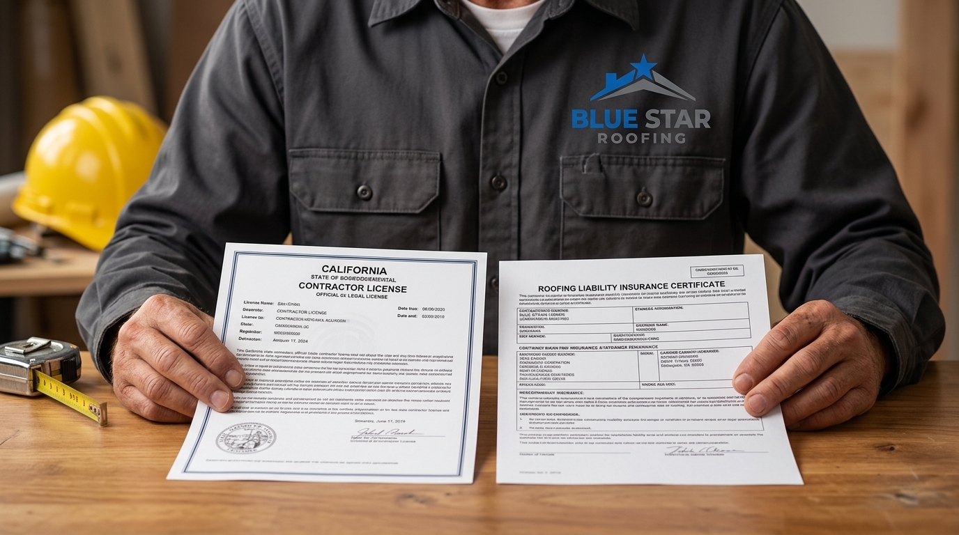 A roofing contractor presenting a valid license and insurance certificate, the credentials every homeowner should verify when hiring roofers near me Anaheim.