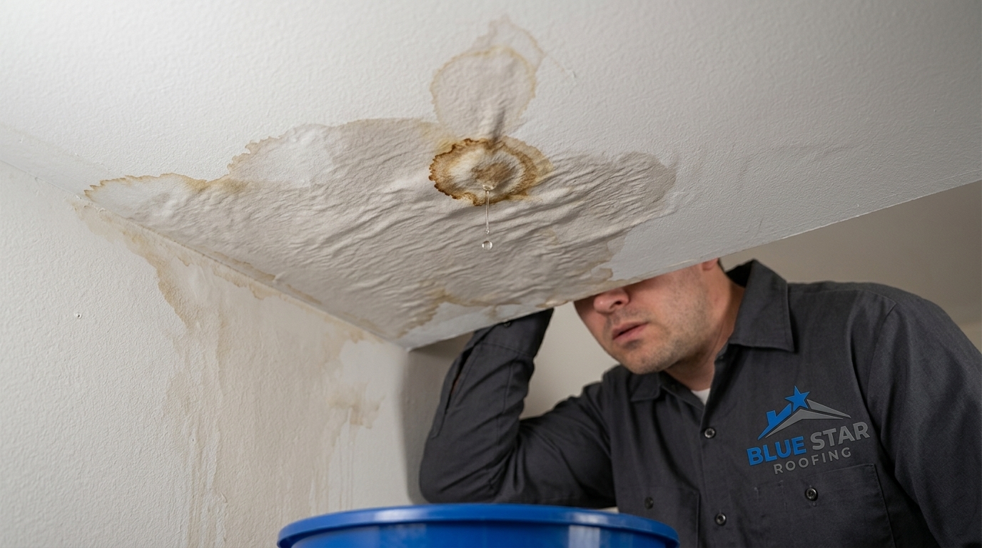 Interior ceiling water stain and active leak indicating the need for immediate roof repair Anaheim residents should address before further damage spreads.