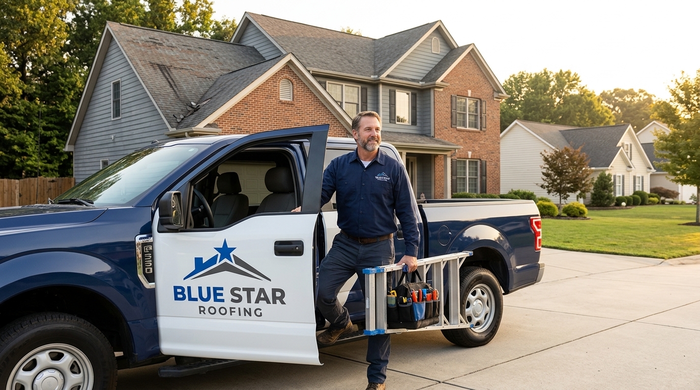 A Blue Star Roofing crew member arriving at a home to begin the roofing quote process