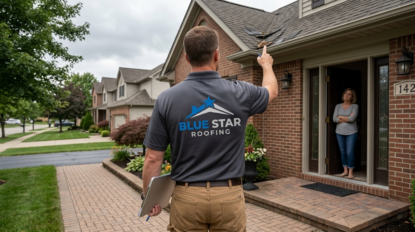 A door-to-door roofer approaching a homeowner after a storm, a common red flags roofer scenario to watch for