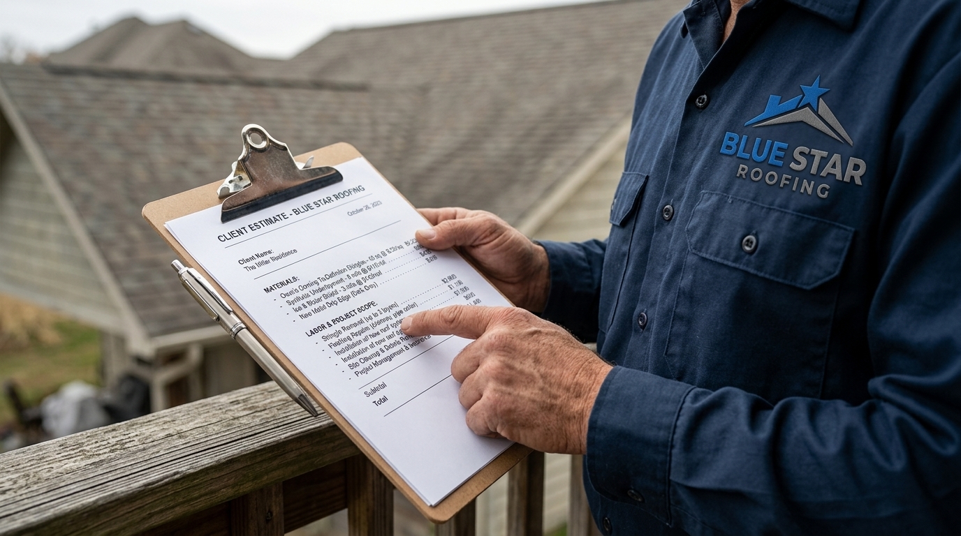 A detailed written roofing estimate document being reviewed during a roofing quote appointment