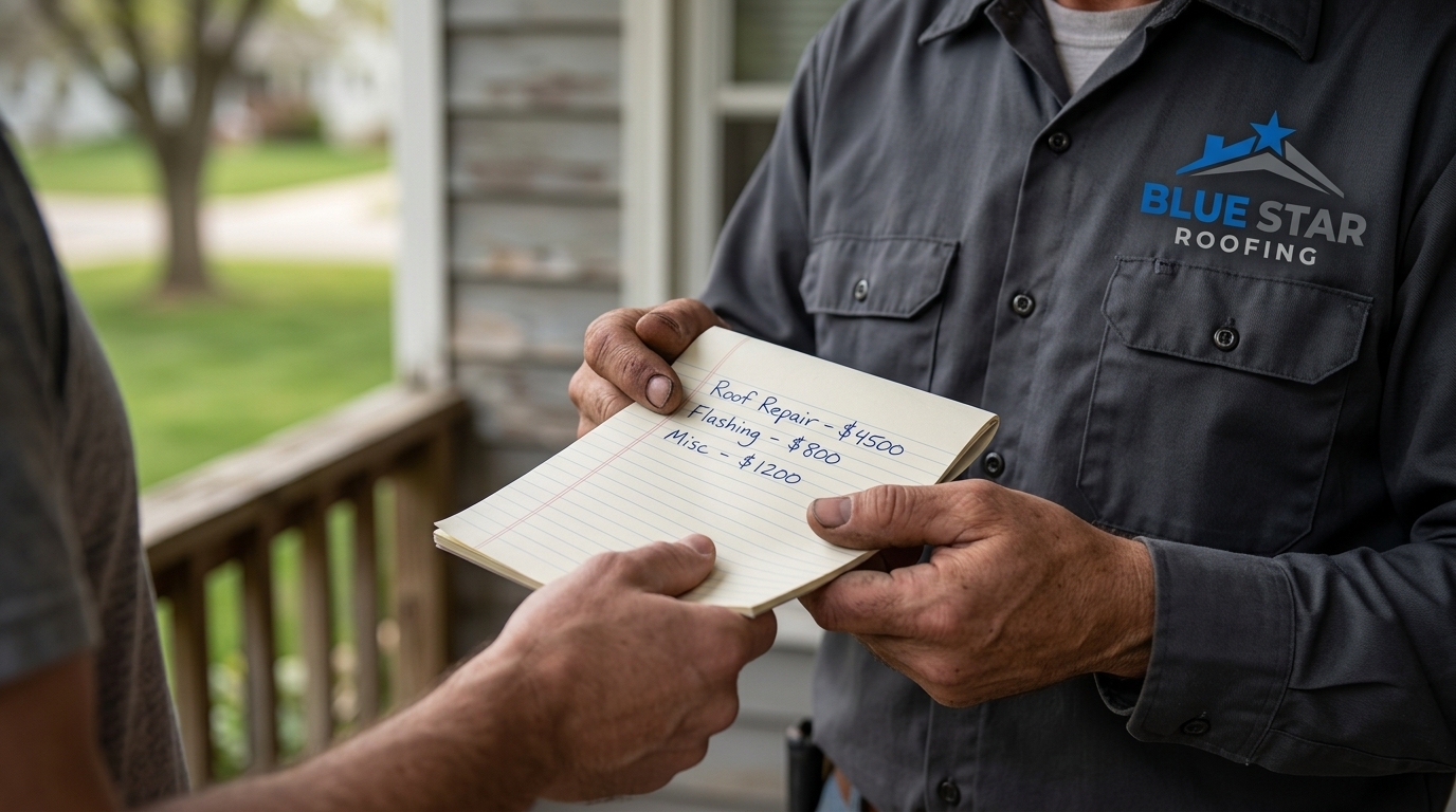 A vague handwritten roofing estimate with no company details, illustrating a key red flags roofer warning sign