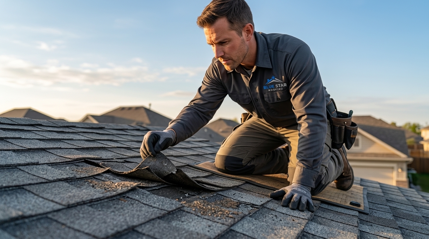 A roofer conducting a detailed roof inspection, the kind of assessment homeowners should ask about when reviewing questions ask roofer checklists
