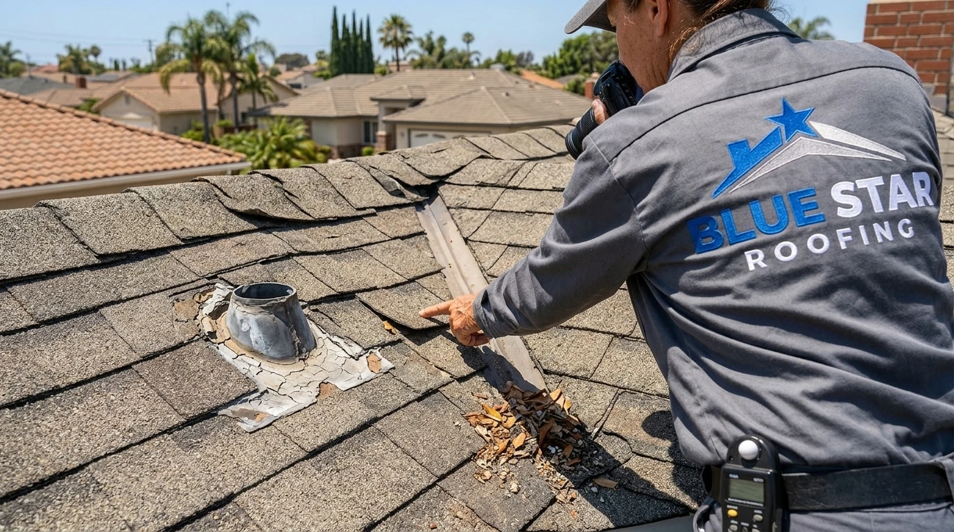 Close-up of a residential roof showing early wear signs that make roof maintenance Irvine homeowners schedule annually so critical