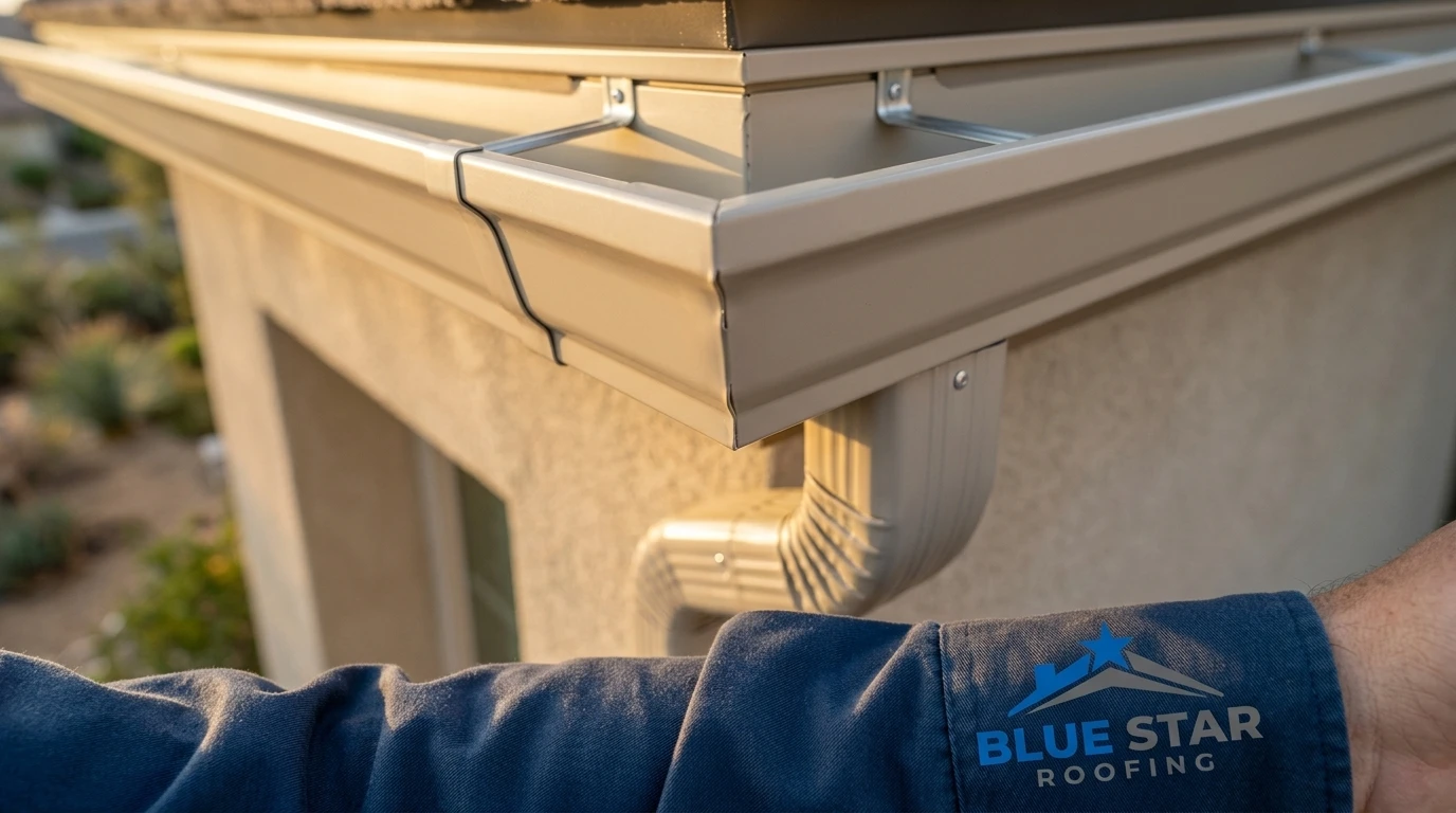 Close-up of seamless K-style gutter chosen during a gutter installation Irvine project showing clean corner joints