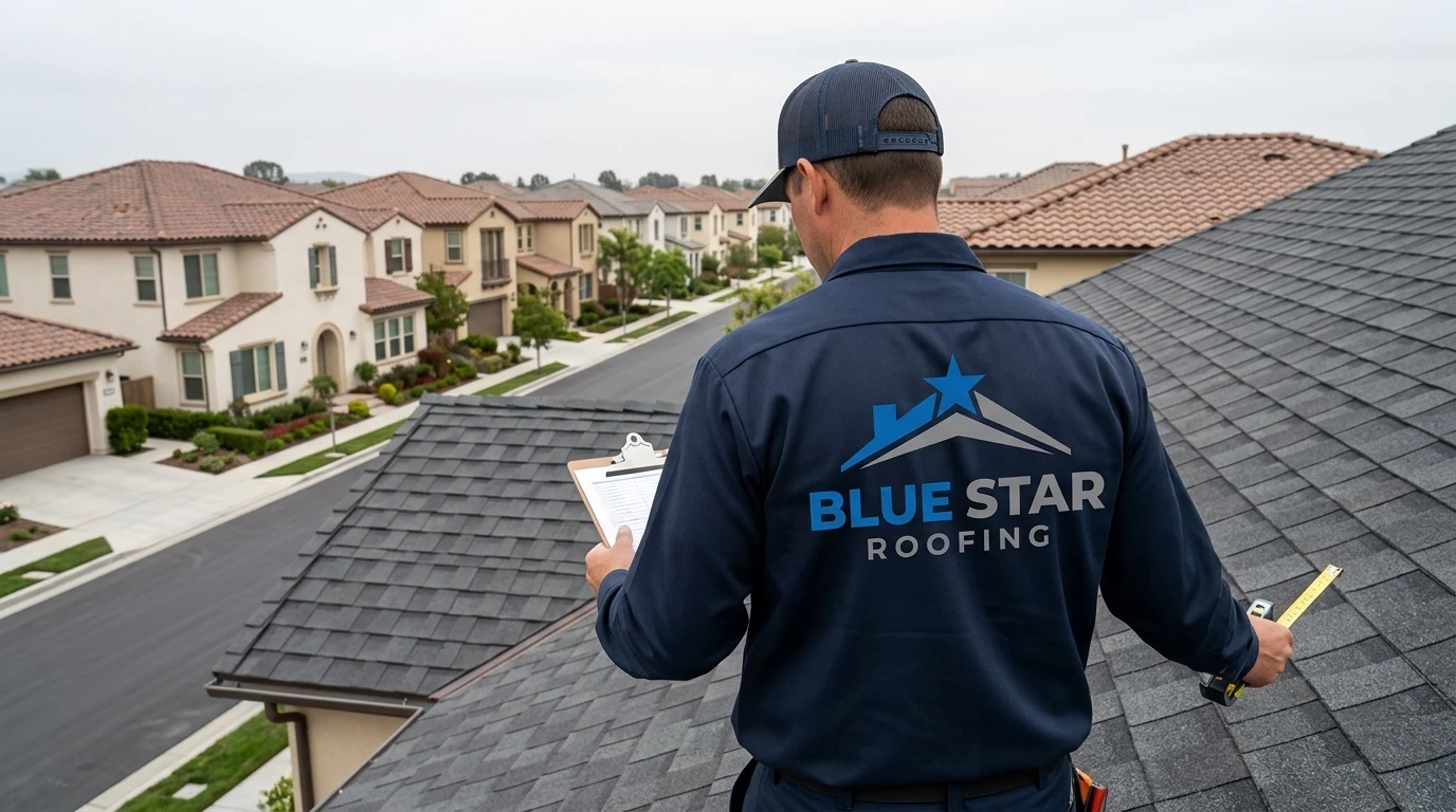 A roofing company Irvine inspector carefully evaluating the condition of a residential roof