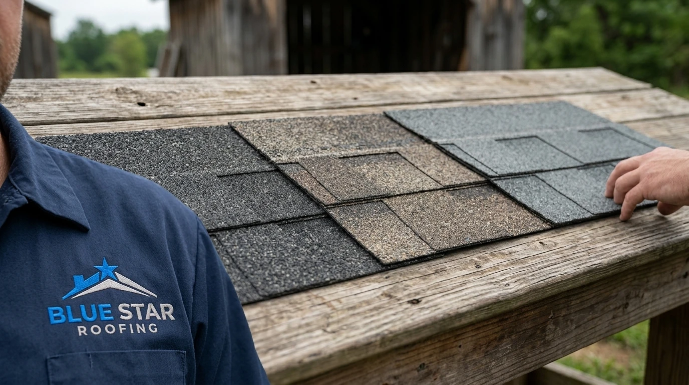 Three asphalt shingle samples compared side by side, relevant to choosing the right shingle roofing Irvine material for your home