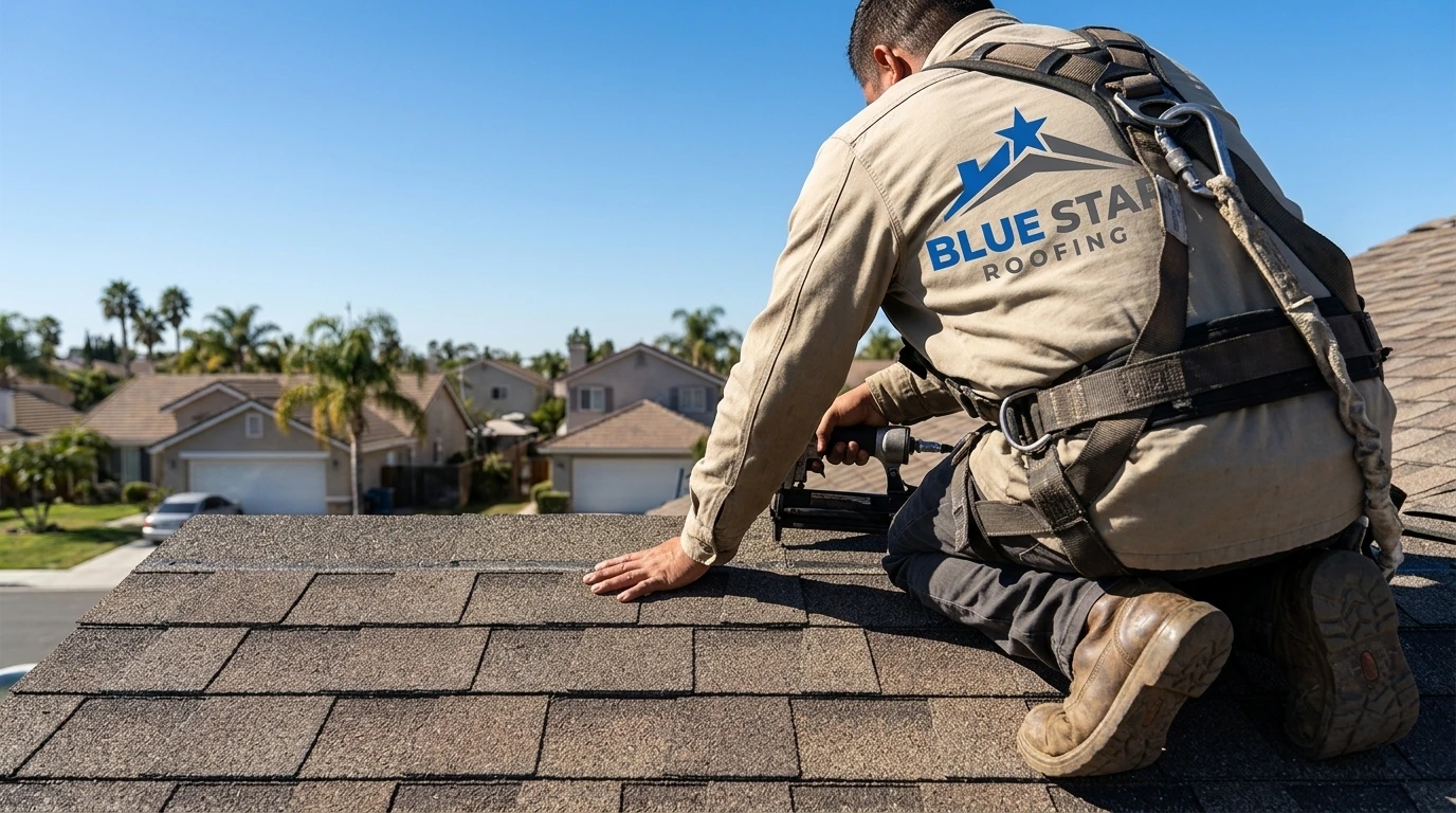 A roofer installing shingle roofing Irvine style on a residential slope with precision and proper safety equipment