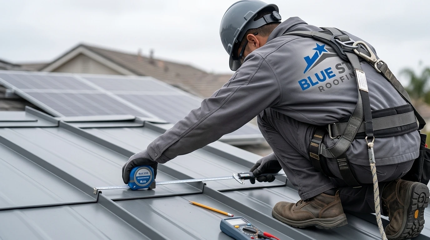 A roofing professional conducting a metal roofing Irvine assessment on a residential home from behind