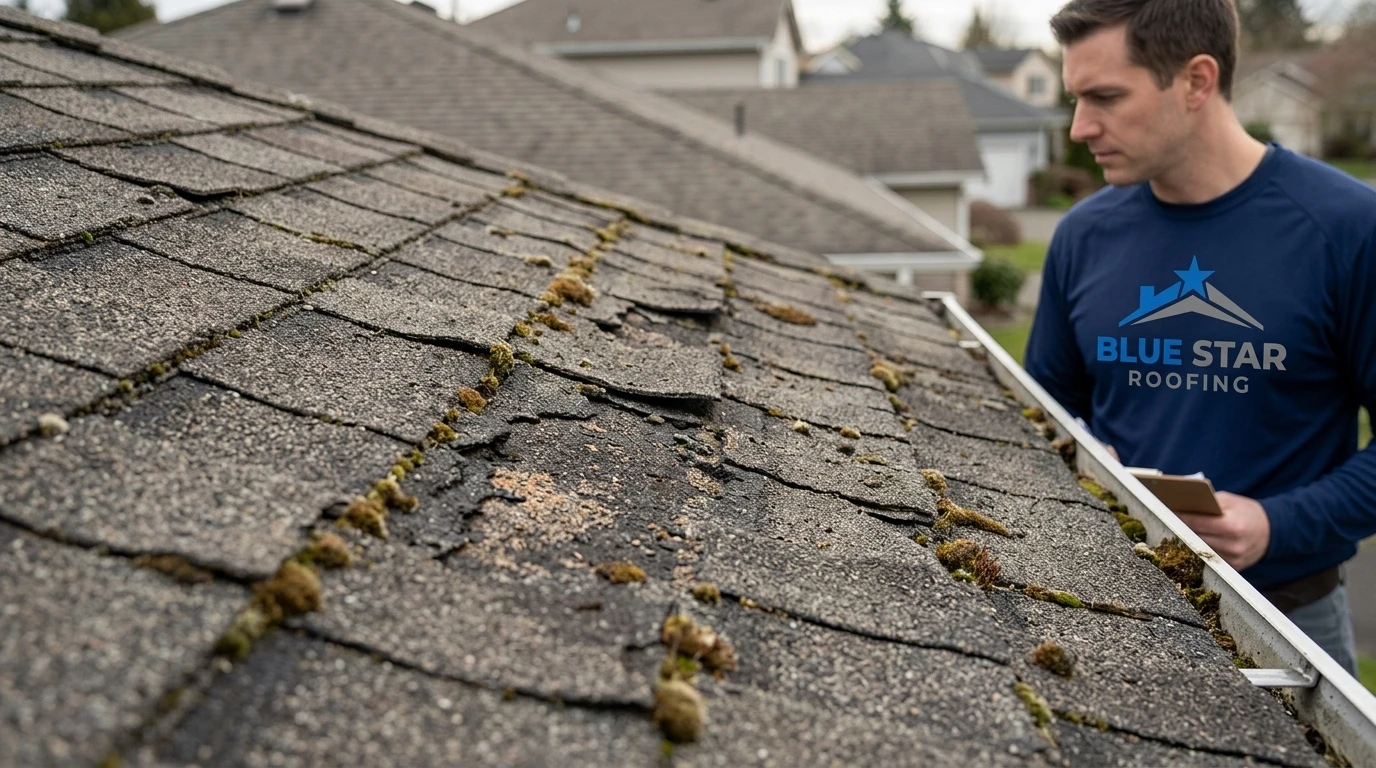 Damaged shingles on an Irvine home that would be identified during a free roof inspection Irvine service