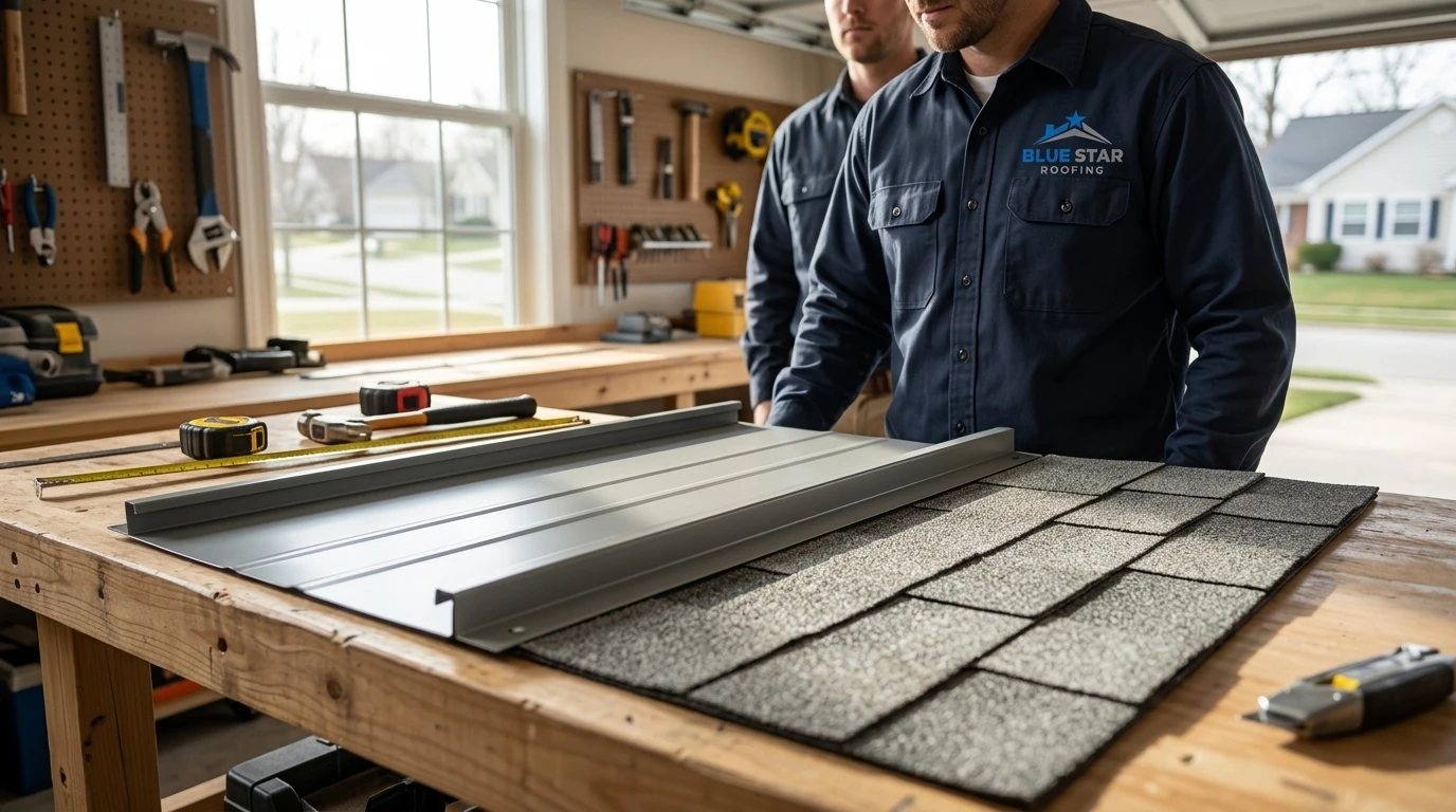 A close-up comparison of metal roofing Irvine panel versus a traditional asphalt shingle showing material differences