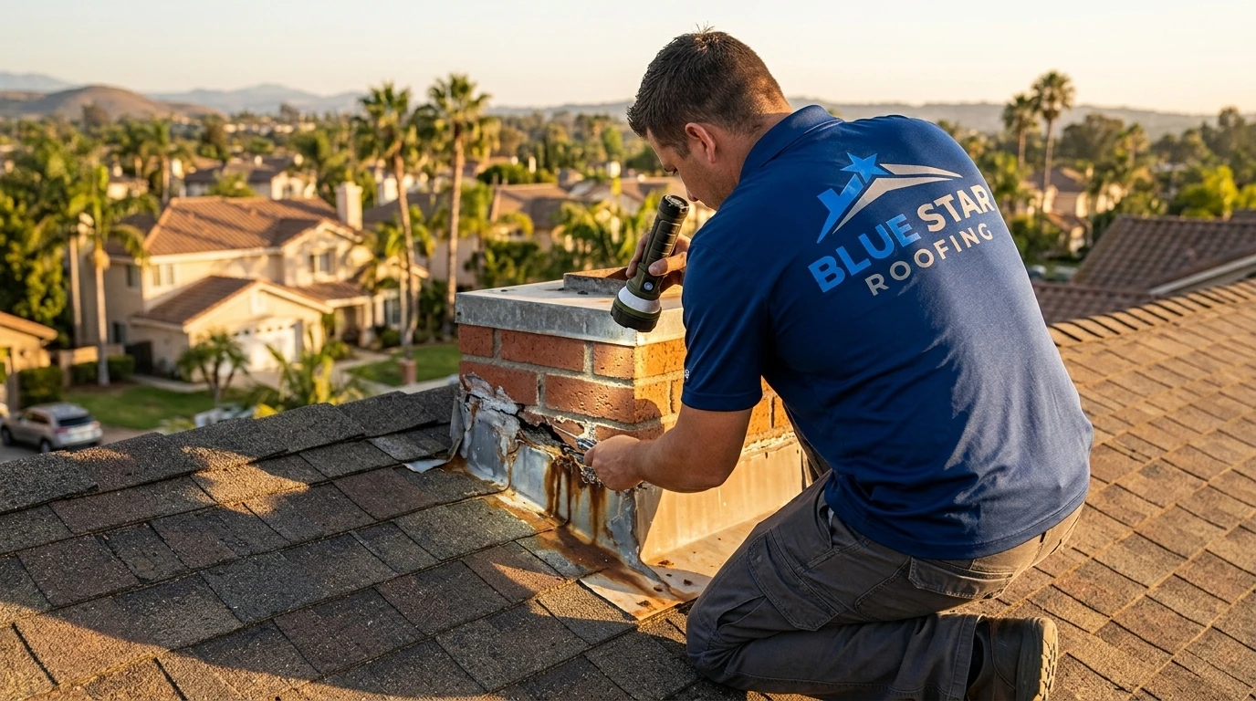 A contractor inspecting flashing damage that a free roof inspection Irvine visit would uncover before leaks develop