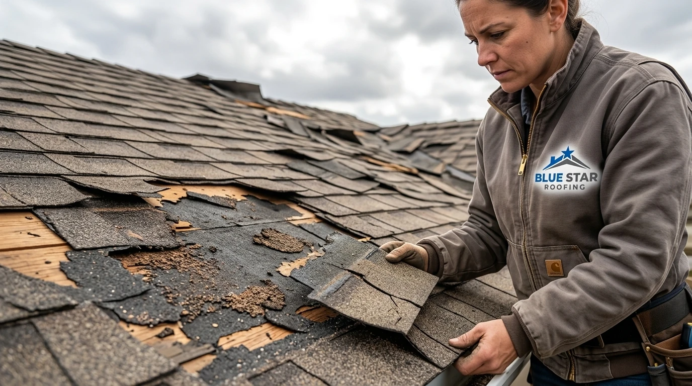 Close-up of storm-damaged shingles showing the kind of roof damage covered under a roof insurance Anaheim policy