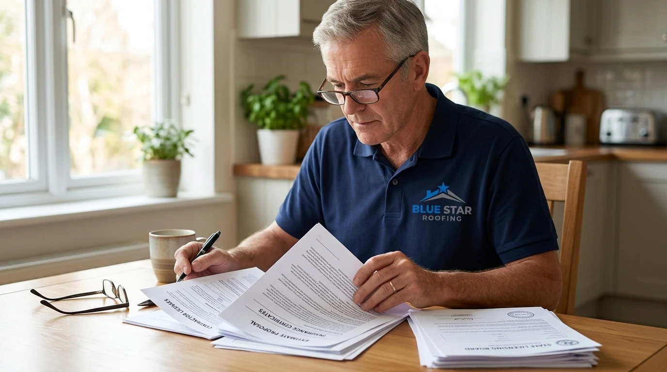 A homeowner carefully reviewing roofing contractor documents to choose roofing contractor credentials before signing
