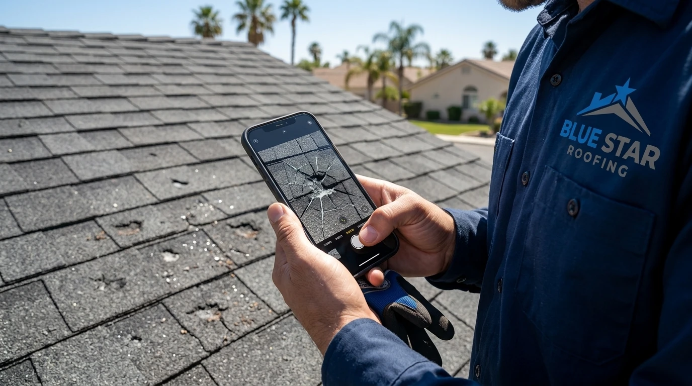 A homeowner documenting roof damage with a smartphone to support a roof insurance Anaheim claim