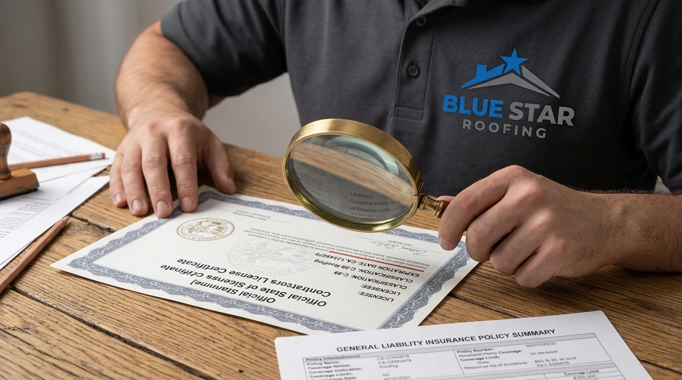 Close-up of a roofing license and insurance certificate a homeowner should verify when choosing a roofing contractor